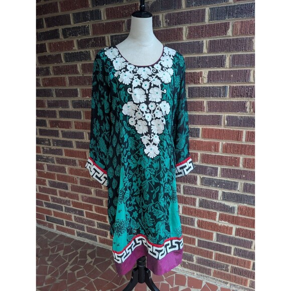 Embroidered Sheer Tunic Dress-Bohemian Colorful-Green/Black/White/Purple-L - Picture 1 of 6